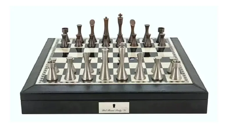 Dal Rossi 18" Contemporary Metal Chess Set - Black PU Leather Edge Dal Rossi 18" Contemporary Metal Chess Set - Black PU Leather Edge