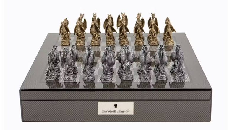Dal Rossi 16" Dragon Pewter Chess Set - Carbon Fibre Shiny Finish Dal Rossi 16" Dragon Pewter Chess Set - Carbon Fibre Shiny Finish