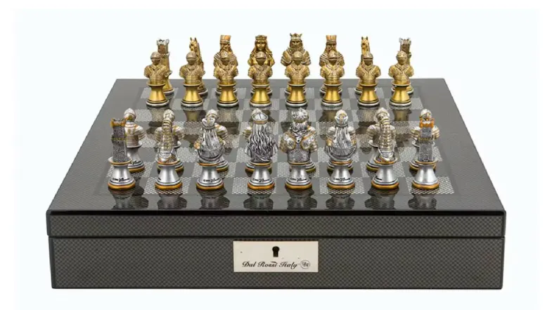 Dal Rossi 16" Medieval Warriors Chess Set - Carbon Fibre Shiny Finish Dal Rossi 16" Medieval Warriors Chess Set - Carbon Fibre Shiny Finish