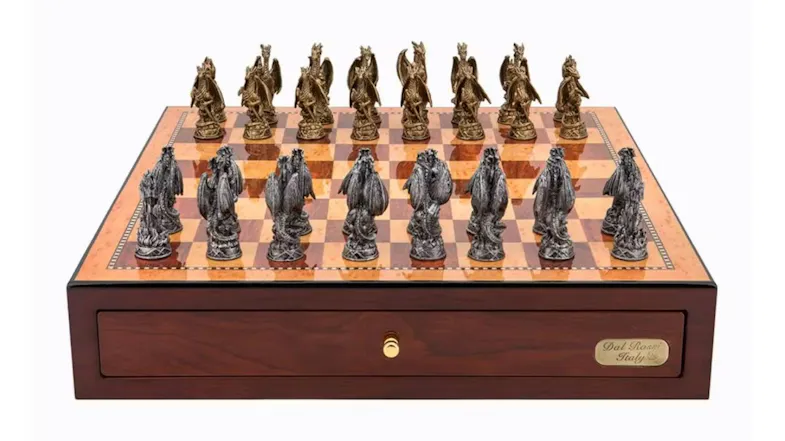 Dal Rossi 18" Dragon Pewter Chess Set - Red Mahogany Finish Dal Rossi 18" Dragon Pewter Chess Set - Red Mahogany Finish
