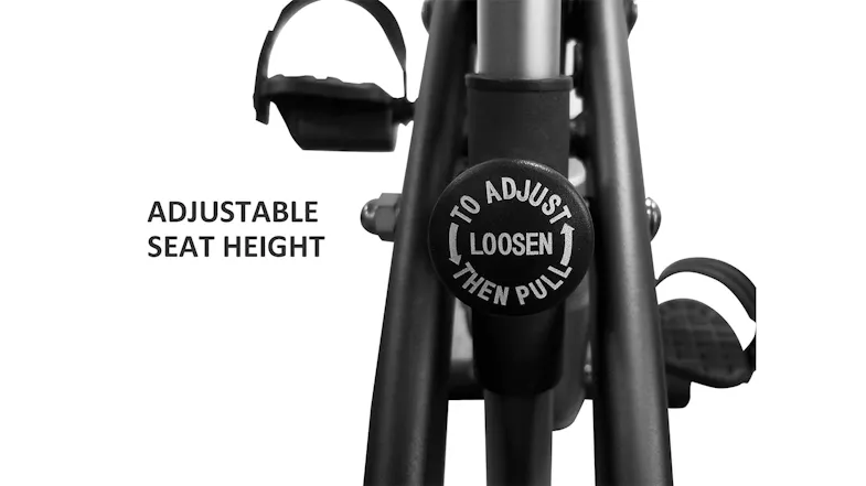 Close-up of a bike adjustment knob labelled "To Adjust, Loosen Then Pull," next to the text: "Adjustable Seat Height" Close-up of a bike adjustment knob labelled "To Adjust, Loosen Then Pull," next to the text: "Adjustable Seat Height"