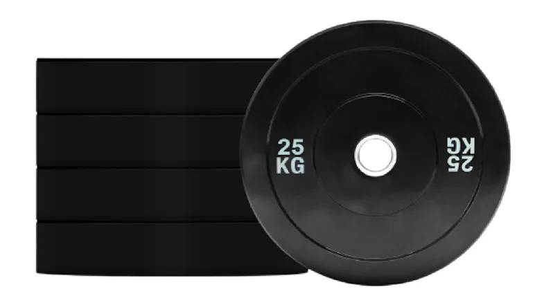 PROTRAIN solid rubber weight plates, showing a 25KG plate leaning against a stack PROTRAIN solid rubber weight plates, showing a 25KG plate leaning against a stack