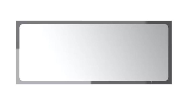 A rectangle-shaped bathroom mirror, framed in a slim gloss grey border A rectangle-shaped bathroom mirror, framed in a slim gloss grey border