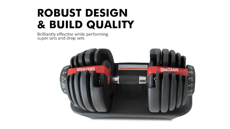 Sturdy PROTRAIN dumbbell resting in its tray with text highlighting its robust design Sturdy PROTRAIN dumbbell resting in its tray with text highlighting its robust design