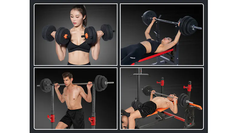 A four-panel collage graphic showing people performing various strength exercises using barbells and dumbbells A four-panel collage graphic showing people performing various strength exercises using barbells and dumbbells