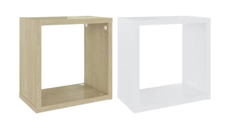 Two Sonoma Oak/White floating cube wall shelves shown side by side, each with a square open‑front design Two Sonoma Oak/White floating cube wall shelves shown side by side, each with a square open‑front design