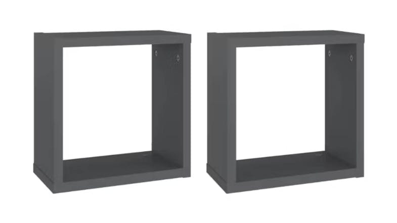 Angled view of two floating cube wall shelves in grey Angled view of two floating cube wall shelves in grey
