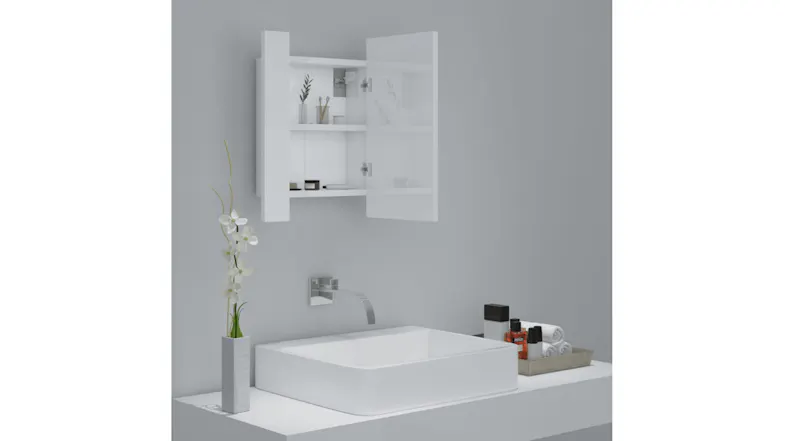 Modern bathroom with an open mirror cabinet over a white sink Modern bathroom with an open mirror cabinet over a white sink