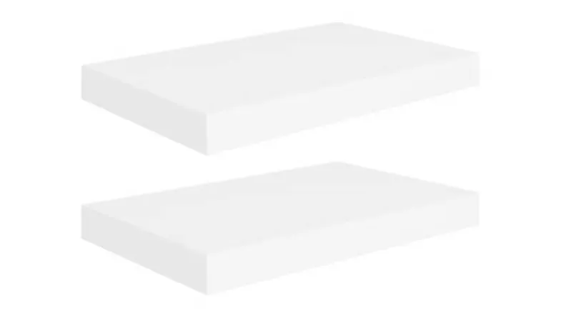 Two white floating wall shelves displayed on a white background, shown from an angled view Two white floating wall shelves displayed on a white background, shown from an angled view