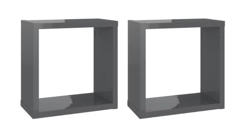Angled view of two floating cube wall shelves in gloss grey Angled view of two floating cube wall shelves in gloss grey
