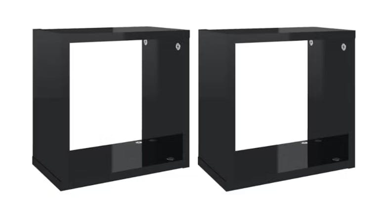 Two floating cube wall shelves in gloss black Two floating cube wall shelves in gloss black