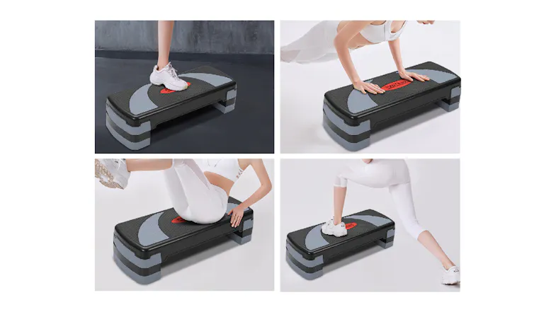 Fitness demonstrations on the step bench, displaying versatile workout routines using the PROTRAIN step bench Fitness demonstrations on the step bench, displaying versatile workout routines using the PROTRAIN step bench