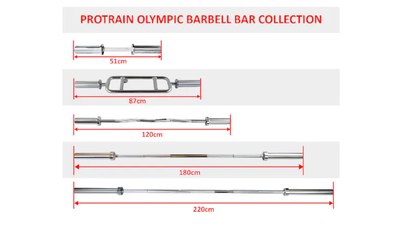 PROTRAIN Barbell Collection showing five bars with red length markers: 51 cm, 87 cm, 120 cm, 180 cm, and 220 cm PROTRAIN Barbell Collection showing five bars with red length markers: 51 cm, 87 cm, 120 cm, 180 cm, and 220 cm