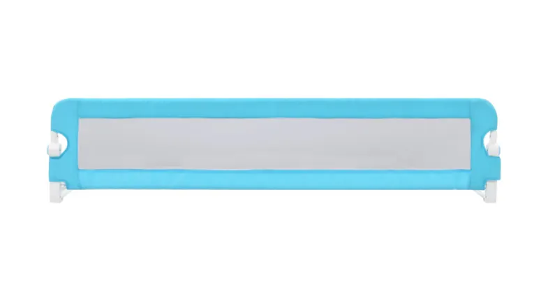 Front view of the 180cm NNEVL blue toddler bed rail with a white mesh centre panel Front view of the 180cm NNEVL blue toddler bed rail with a white mesh centre panel