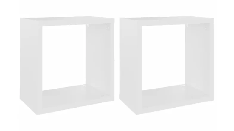 Angled view of two floating cube wall shelves in white Angled view of two floating cube wall shelves in white