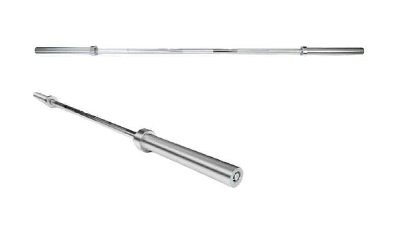 A product graphic showing the chrome Olympic barbell from two angles A product graphic showing the chrome Olympic barbell from two angles