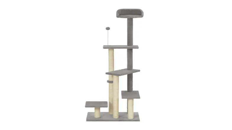 A grey cat tree with a square base, multiple staggered platforms, sisal‑wrapped scratching posts, and a top bed A grey cat tree with a square base, multiple staggered platforms, sisal‑wrapped scratching posts, and a top bed
