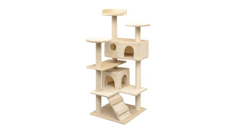 A tall beige cat tree with multiple platforms, two cubby houses, and several sisal‑wrapped scratching posts A tall beige cat tree with multiple platforms, two cubby houses, and several sisal‑wrapped scratching posts