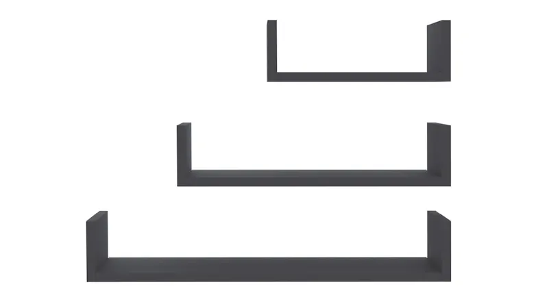 Three NNEVL U-Shape Floating Wall Shelves in a sleek grey colour Three NNEVL U-Shape Floating Wall Shelves in a sleek grey colour