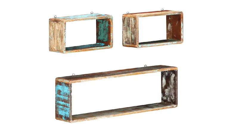 Angled perspective of three mango wood floating wall shelves, highlighting solid wood thickness, clean edges, and natural finish Angled perspective of three mango wood floating wall shelves, highlighting solid wood thickness, clean edges, and natural finish