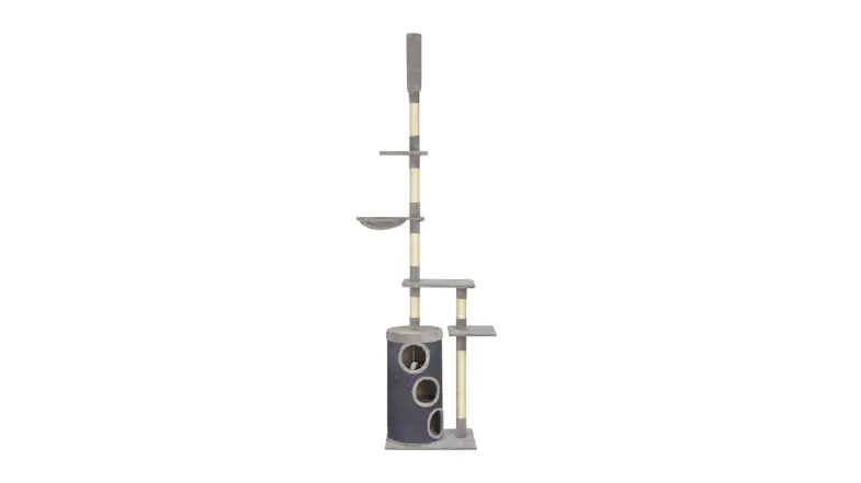 A tall grey cat tree with multiple small platforms, a hammock, and a vertical sisal‑wrapped climbing post A tall grey cat tree with multiple small platforms, a hammock, and a vertical sisal‑wrapped climbing post