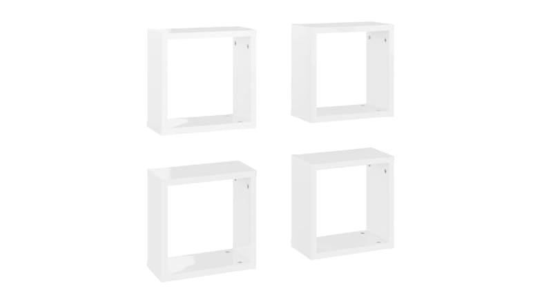 ngled view of four floating cube wall shelves in gloss white, shown in two rows ngled view of four floating cube wall shelves in gloss white, shown in two rows