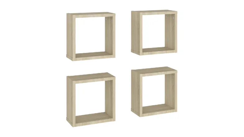 Angled view of four floating cube wall shelves in sonoma oak, shown in two rows Angled view of four floating cube wall shelves in sonoma oak, shown in two rows