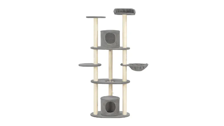 A full view of the Cat Tree with Scratching Posts in Grey A full view of the Cat Tree with Scratching Posts in Grey