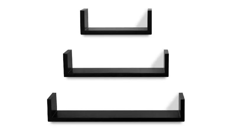 Three NNEVL U-Shape Floating Wall Shelves in a sleek black colour Three NNEVL U-Shape Floating Wall Shelves in a sleek black colour