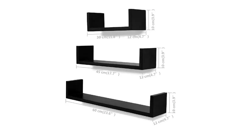 Three black NNEVL U-shaped floating shelves with dimension markings showing lengths of 30 cm, 45 cm, and 60 cm Three black NNEVL U-shaped floating shelves with dimension markings showing lengths of 30 cm, 45 cm, and 60 cm