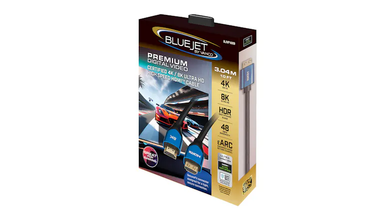 Vanco Bluejet 8K Ultra HD 48-GBPS HDR 24K Gold Plated HDMI eARC Cable - 3.04m Length Vanco Bluejet 8K Ultra HD 48-GBPS HDR 24K Gold Plated HDMI eARC Cable - 3.04m Length