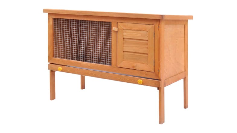 An angled front view of the Outdoor Rabbit Hutch An angled front view of the Outdoor Rabbit Hutch