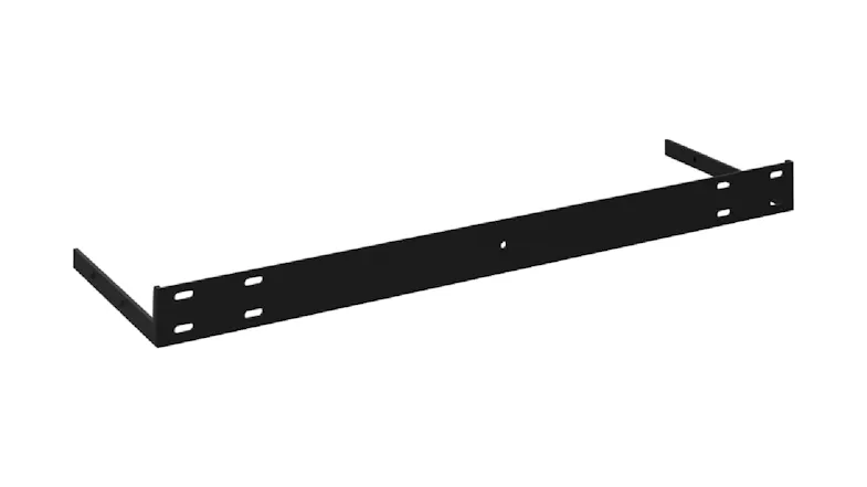Close‑up of the black metal wall‑mounting bracket, showing elongated screw slots and side supports Close‑up of the black metal wall‑mounting bracket, showing elongated screw slots and side supports