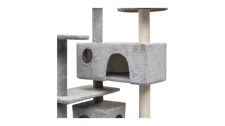 Close‑up of the upper half of the cat tree, highlighting a grey fabric‑covered hideout with an arched entrance Close‑up of the upper half of the cat tree, highlighting a grey fabric‑covered hideout with an arched entrance
