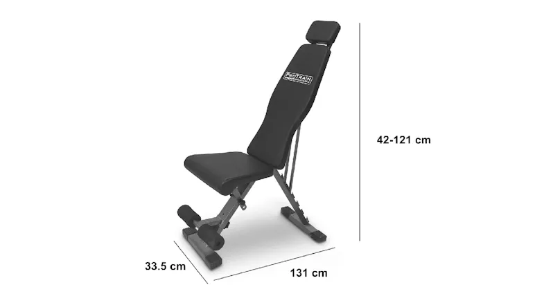 Adjustable gym bench with size labels (42–121 cm height, 131 cm length, 33.5 cm width) Adjustable gym bench with size labels (42–121 cm height, 131 cm length, 33.5 cm width)
