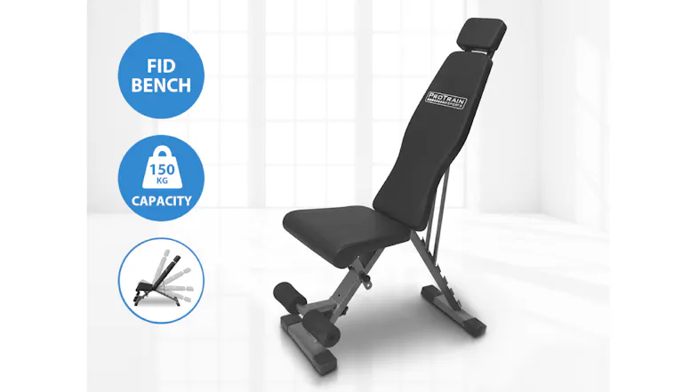 Black FID workout bench with icons showing adjustability and a 150 kg weight capacity Black FID workout bench with icons showing adjustability and a 150 kg weight capacity