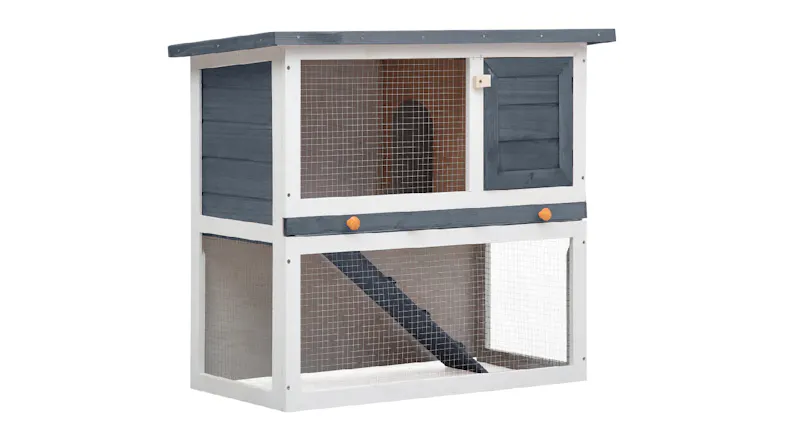 A side‑angled view of the rabbit hutch showing the mesh front panel and the solid right‑side wooden door A side‑angled view of the rabbit hutch showing the mesh front panel and the solid right‑side wooden door