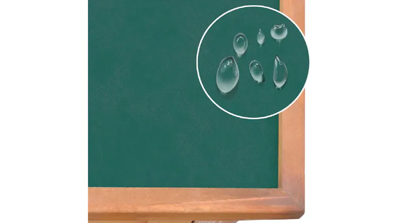 A close-up of a hutch roof showing a green waterproof surface with water droplets highlighted in a circle A close-up of a hutch roof showing a green waterproof surface with water droplets highlighted in a circle