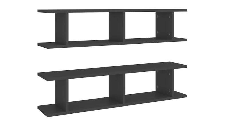 Two grey floating ladder-style wall shelves shown front-facing Two grey floating ladder-style wall shelves shown front-facing