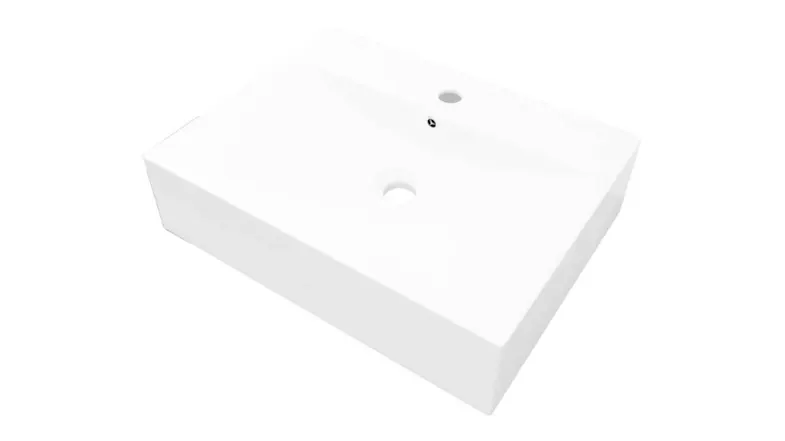 Angled view of a white rectangular ceramic basin with a faucet hole and a central waste hole Angled view of a white rectangular ceramic basin with a faucet hole and a central waste hole