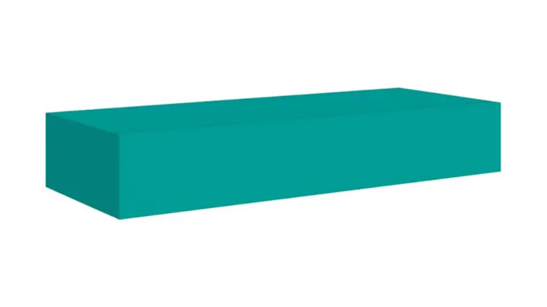 Angled front view of a blue rectangular floating wall shelf Angled front view of a blue rectangular floating wall shelf
