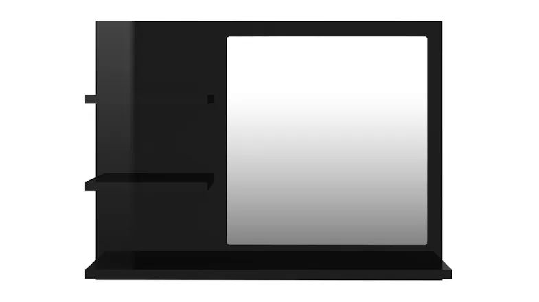 Black bathroom mirror with built‑in shelving, featuring a rectangular mirror, two side shelves, and a bottom ledge Black bathroom mirror with built‑in shelving, featuring a rectangular mirror, two side shelves, and a bottom ledge