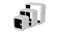 Three white square NNEVL wall shelves with black interiors, nested and arranged diagonally from largest to smallest Three white square NNEVL wall shelves with black interiors, nested and arranged diagonally from largest to smallest