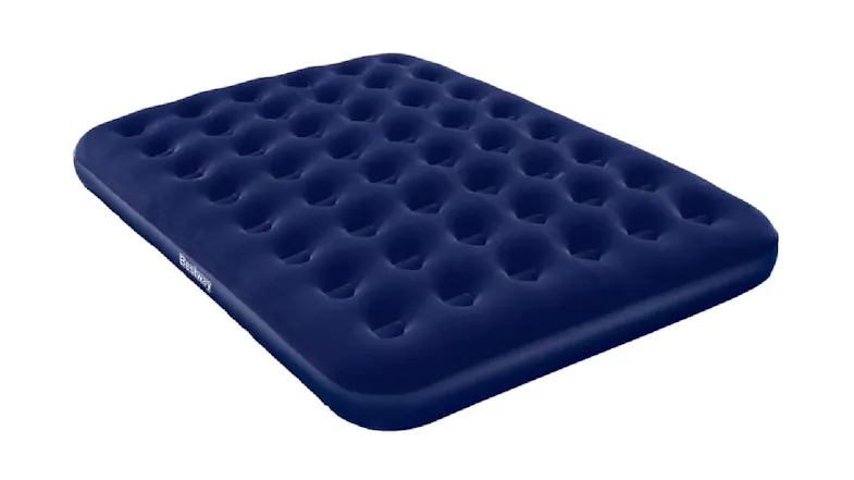 A queen‑size dark blue inflatable airbed with a flocked surface featuring a grid of deep circular indentations A queen‑size dark blue inflatable airbed with a flocked surface featuring a grid of deep circular indentations