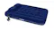 The dark blue flocked queen airbed with two pillows, displayed alongside a black hand air pump with a hose The dark blue flocked queen airbed with two pillows, displayed alongside a black hand air pump with a hose