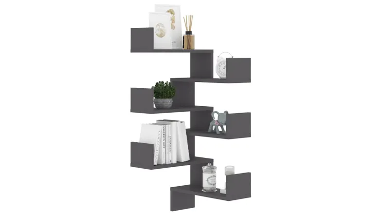 The tall grey corner shelf displayed with decorative items, including books, plants, figurines, and small jars The tall grey corner shelf displayed with decorative items, including books, plants, figurines, and small jars