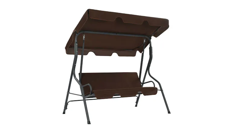 Angled front view of the coffee‑colored garden swing bench Angled front view of the coffee‑colored garden swing bench