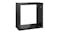 Angled view of a gloss black floating cube wall shelf shown front‑on, displaying a square open interior Angled view of a gloss black floating cube wall shelf shown front‑on, displaying a square open interior