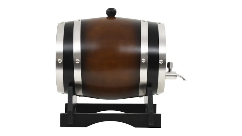 A small brown pinewood wine barrel with silver metal bands and black accents, displayed horizontally A small brown pinewood wine barrel with silver metal bands and black accents, displayed horizontally