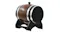 A side‑angled view of the pinewood wine barrel showing the rounded wooden body A side‑angled view of the pinewood wine barrel showing the rounded wooden body